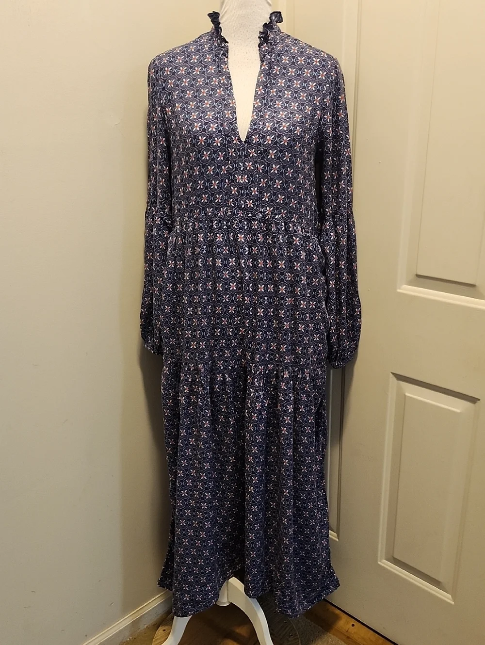 Maeve by Anthropologie Tamarind Tiered Blue Floral Long Sleeve Maxi Dress Size S